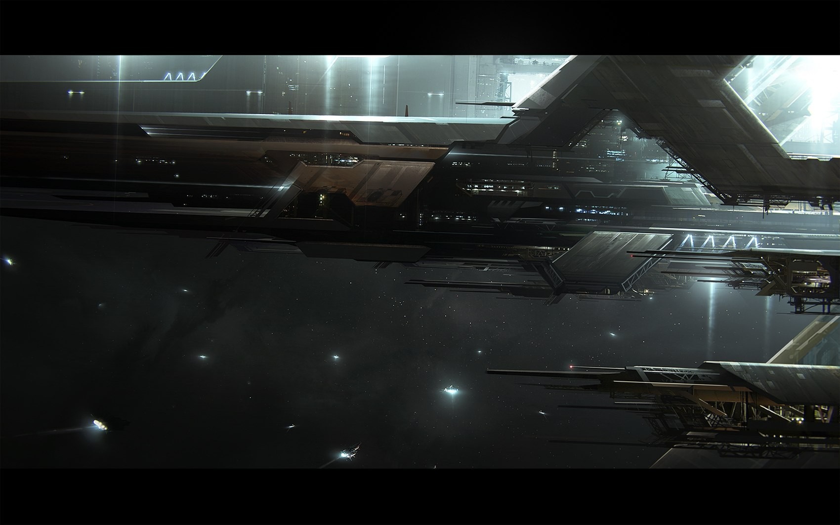Science fiction space station with small ships HD Wallpaper