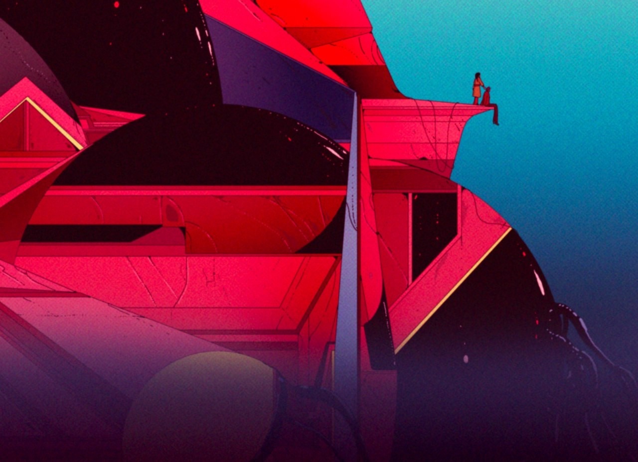 Futuristic abstract artwork with a person on a ledge HD Wallpaper