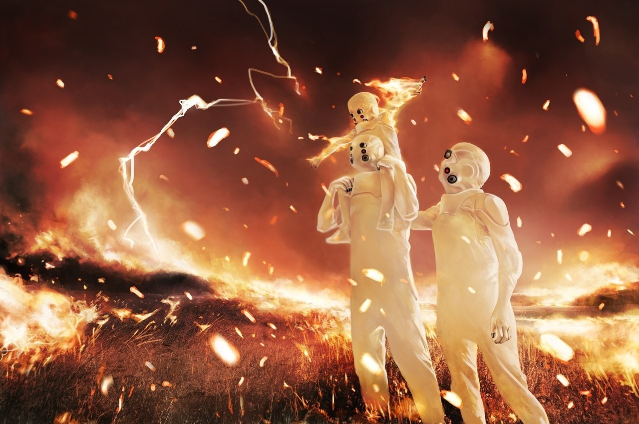 Figures in a fiery landscape with lightning HD Wallpaper