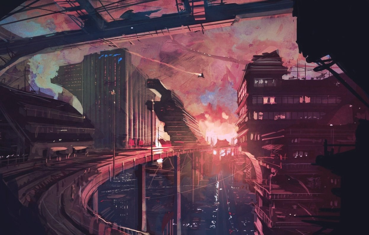 Science fiction cityscape with futuristic architecture and sky HD Wallpaper