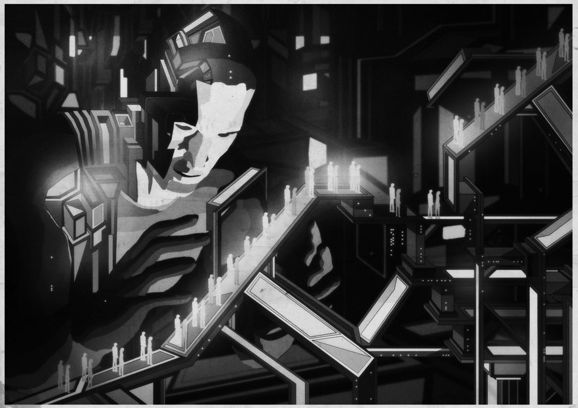 Monochrome futuristic illustration with people on escalators HD Wallpaper