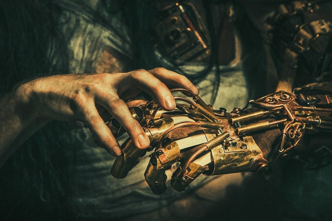 Steampunk mechanical hand with human hand HD Wallpaper