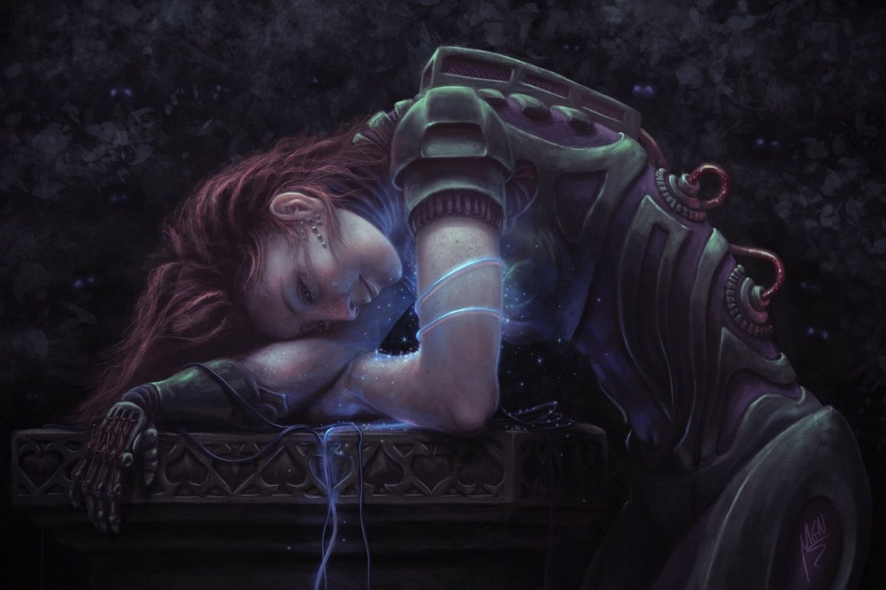 Android girl downloading data in the darkness HD Wallpaper