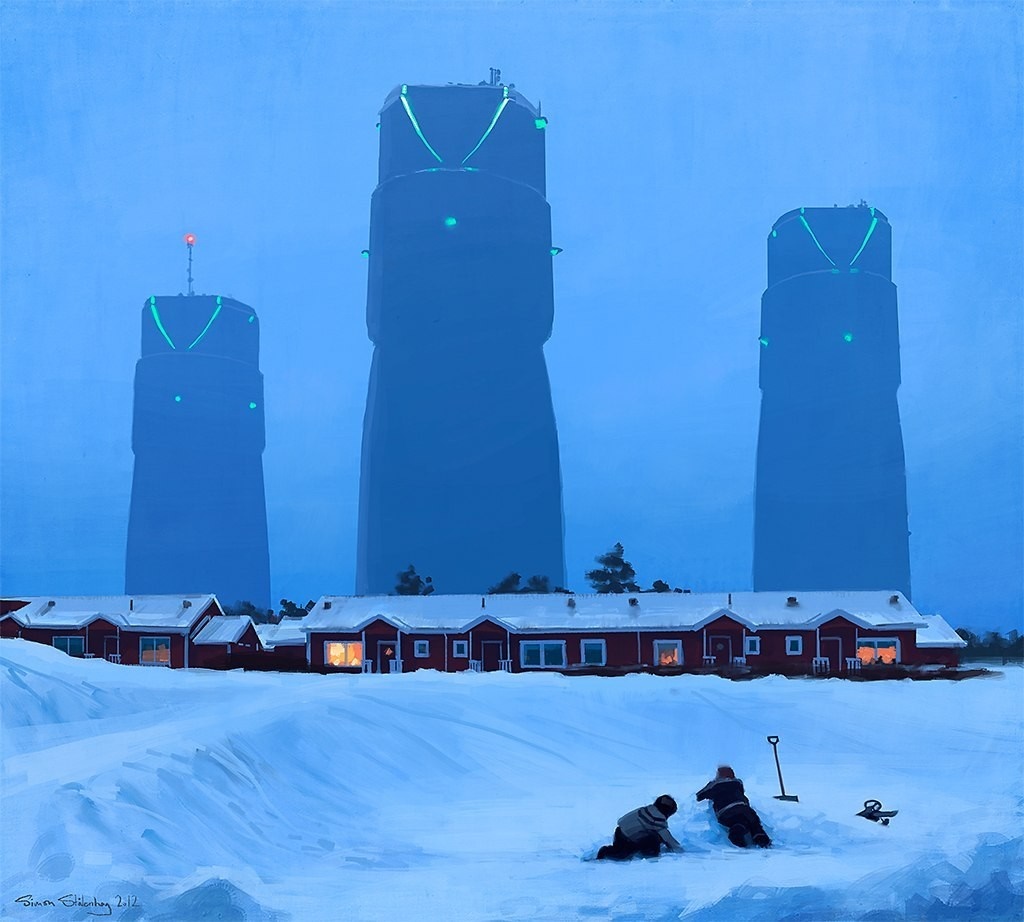 Children playing in the snow with futuristic towers in the background HD Wallpaper