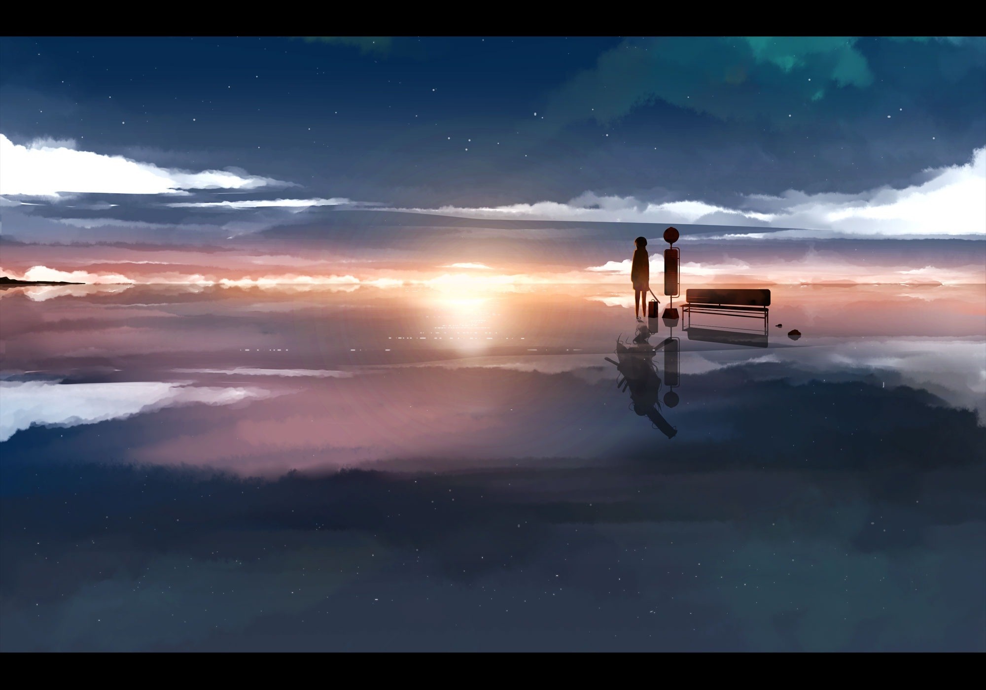 Anime couple at bus stop by the sea at sunset HD Wallpaper