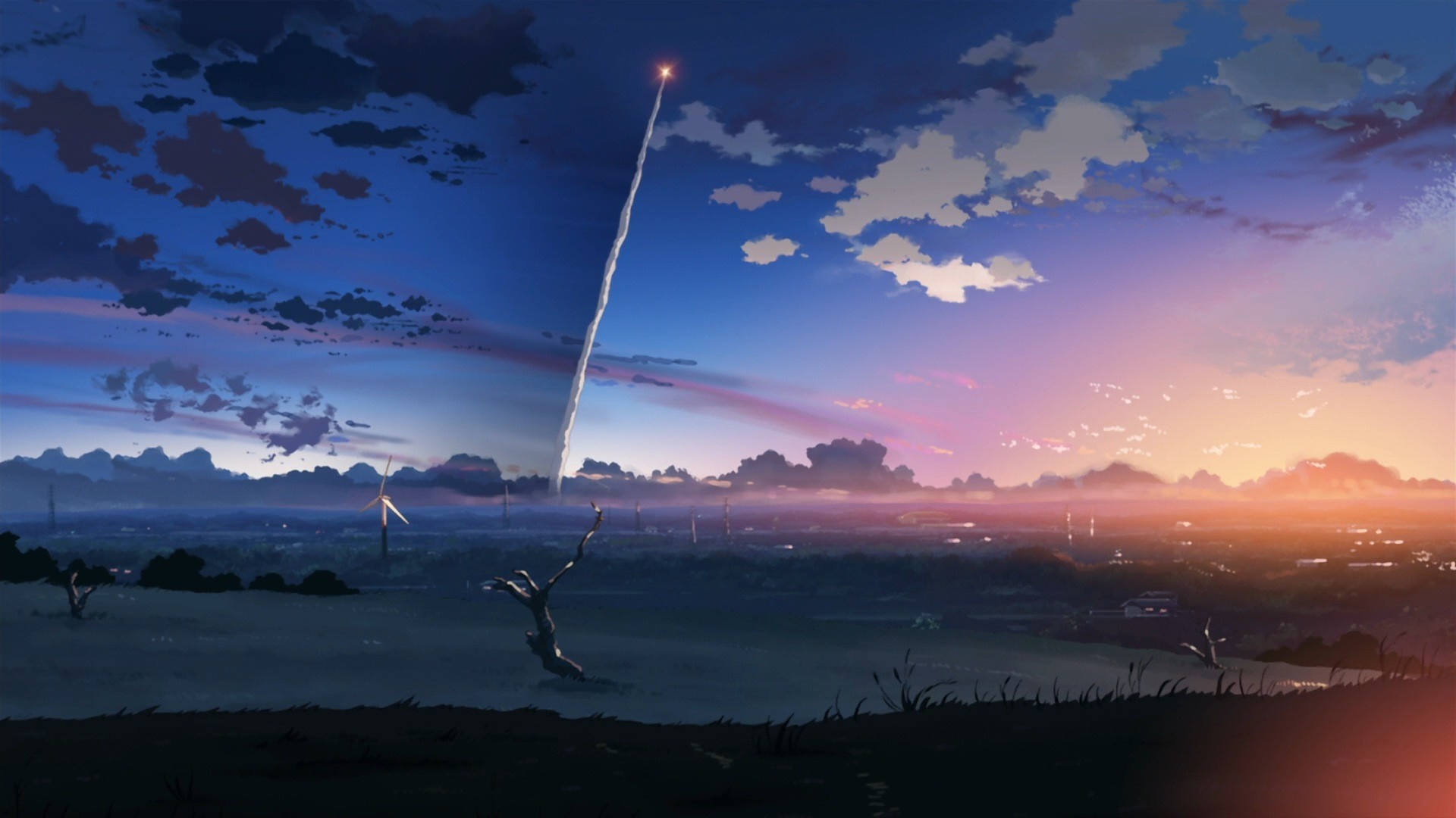 5 Centimeters Per Second: Sunset with Contrails and Wind Turbines HD Wallpaper