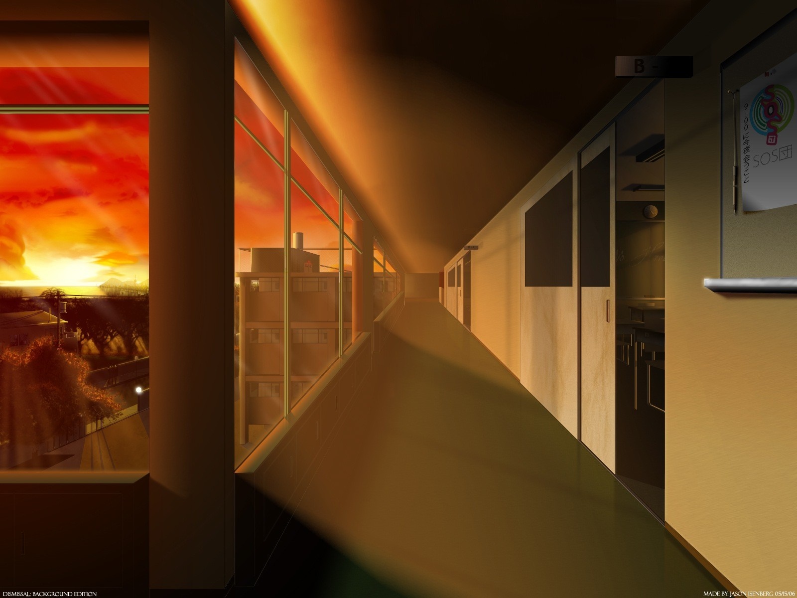 The Melancholy of Haruhi Suzumiya hallway at sunset HD Wallpaper