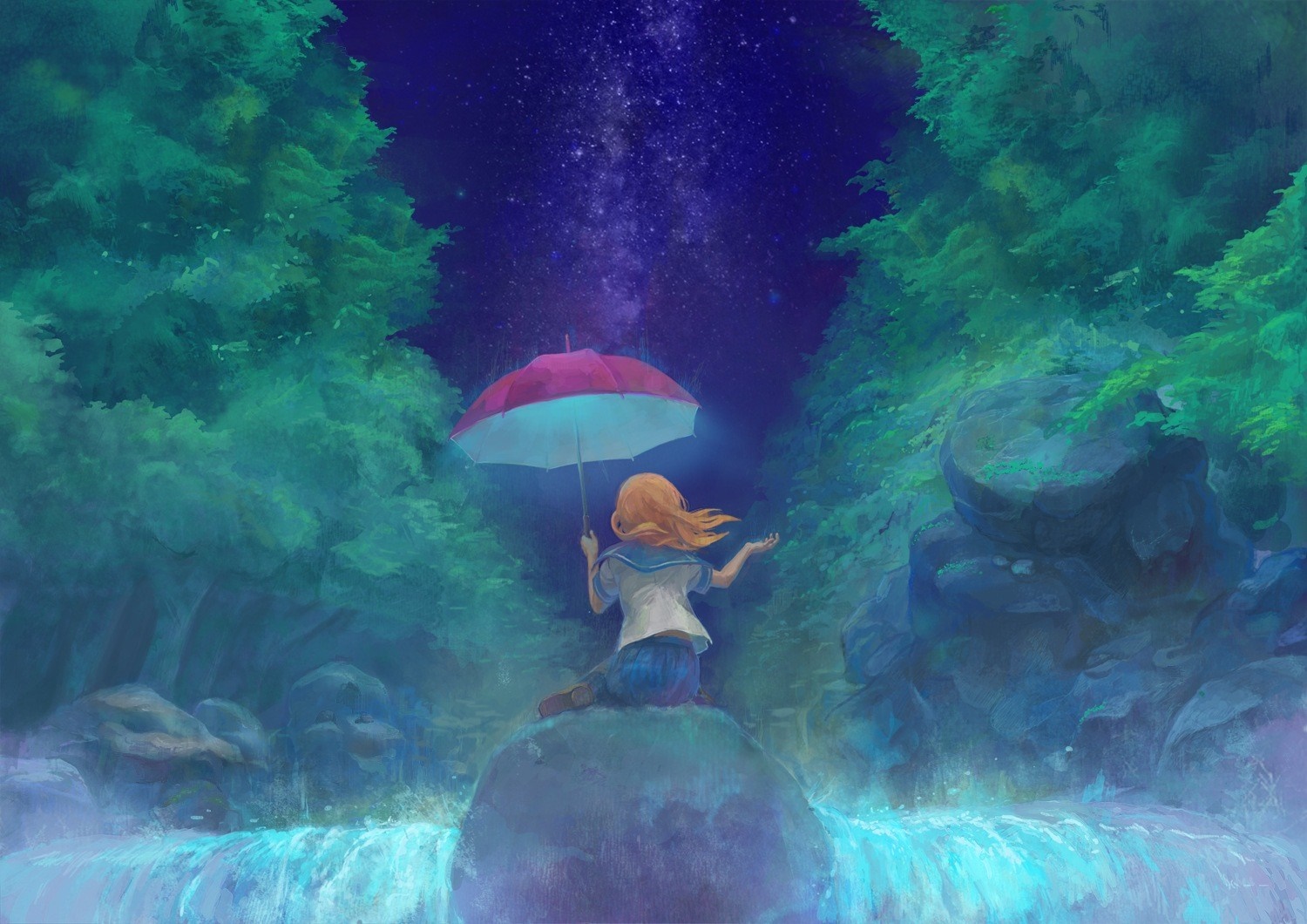 Girl with umbrella by waterfall under starry sky HD Wallpaper