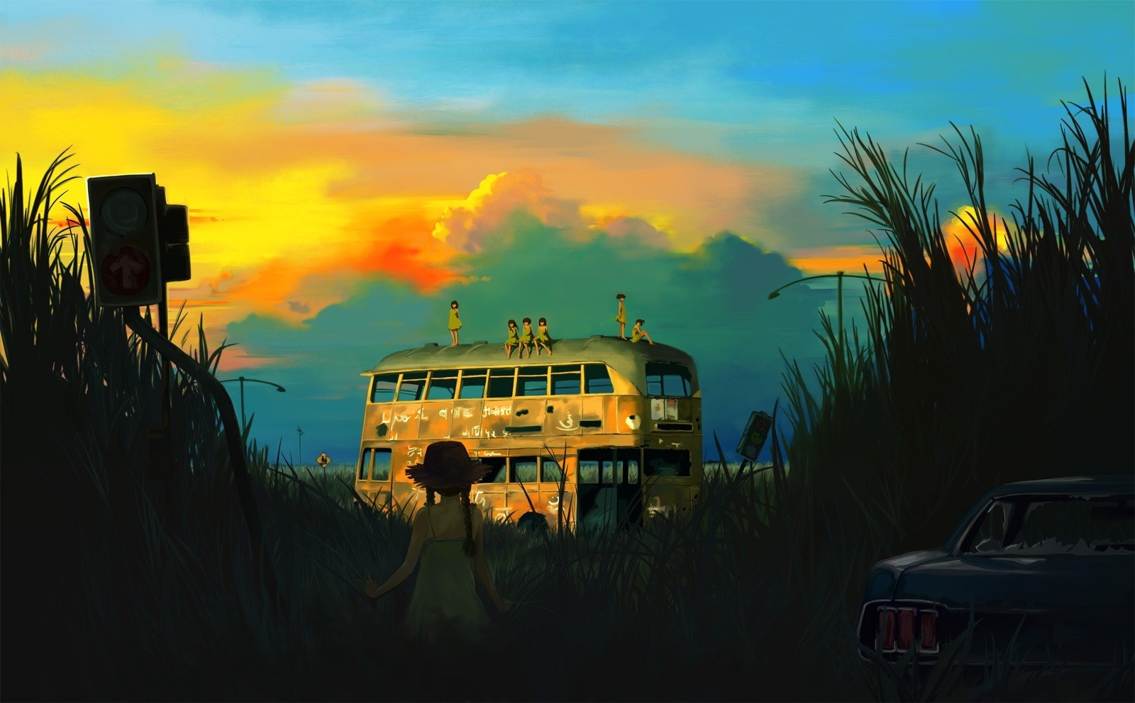 Children on a derelict double-decker bus at sunset HD Wallpaper