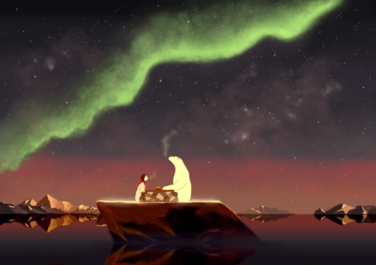 Girl and polar bear under Aurora Borealis HD Wallpaper
