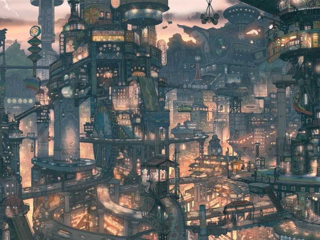 Futuristic Cityscape at Dusk with Elevated Train Lines HD Wallpaper