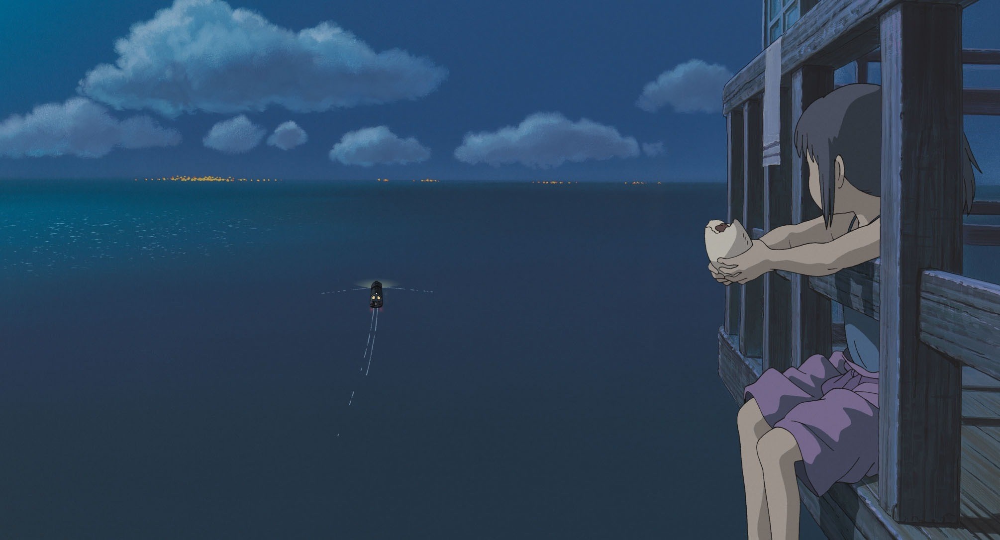Chihiro on a balcony overlooking the sea at night HD Wallpaper