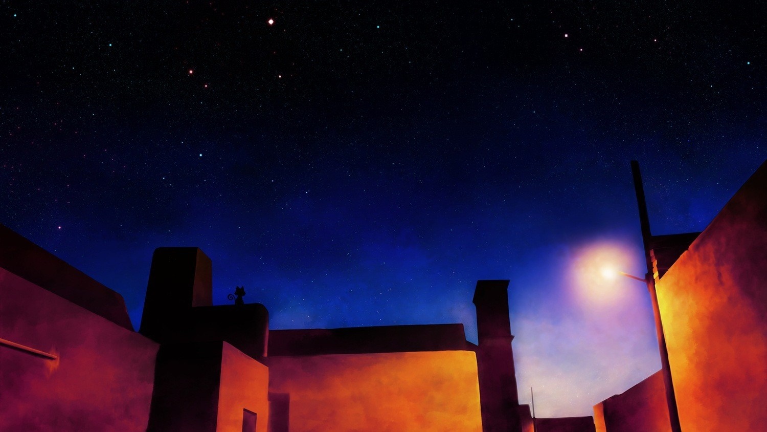 Night sky over buildings with a street lamp HD Wallpaper