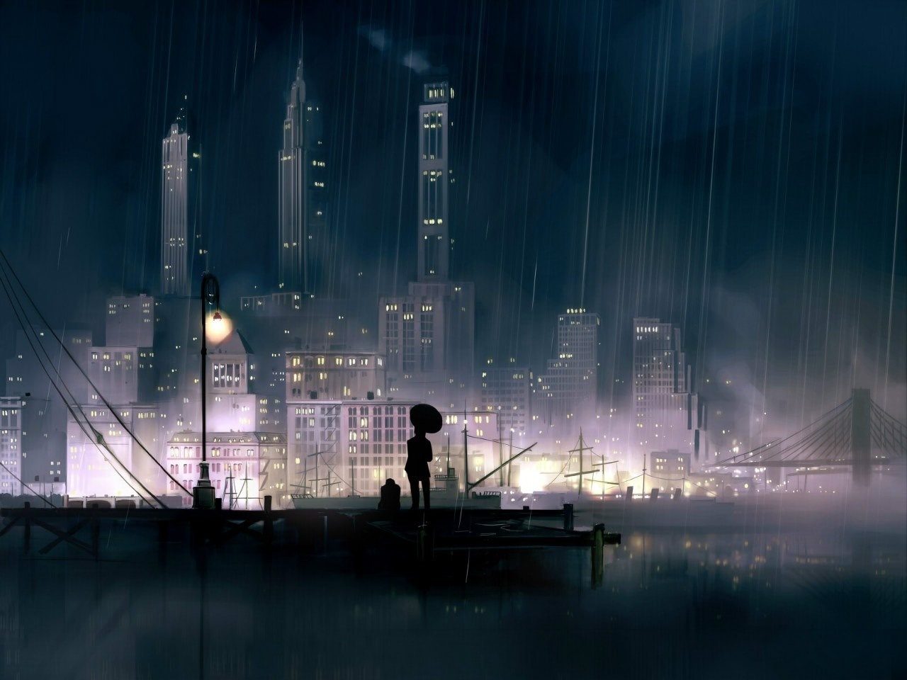 Rainy night cityscape with a lone figure on a pier HD Wallpaper