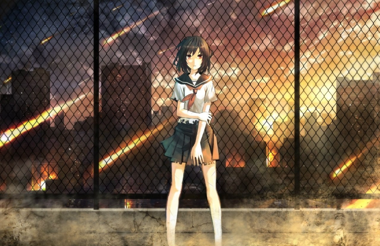 Anime girl in school uniform in front of a chain-link fence HD Wallpaper