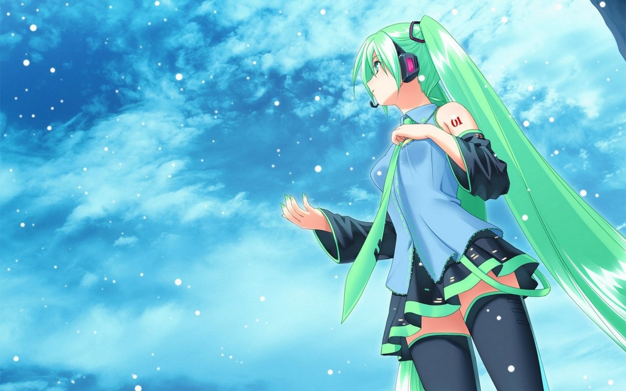 Hatsune Miku in a blue outfit with headphones HD Wallpaper