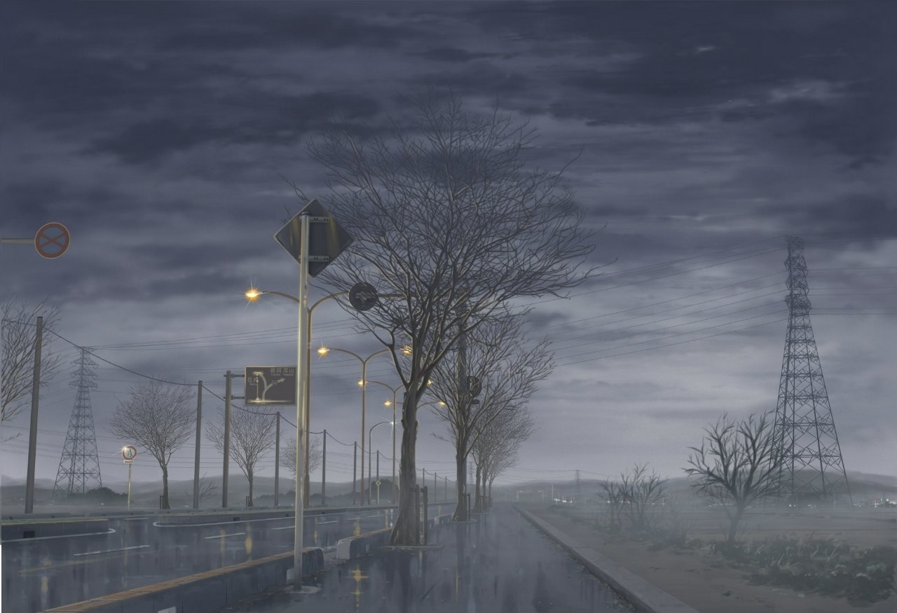Gloomy road with street lights and power lines HD Wallpaper