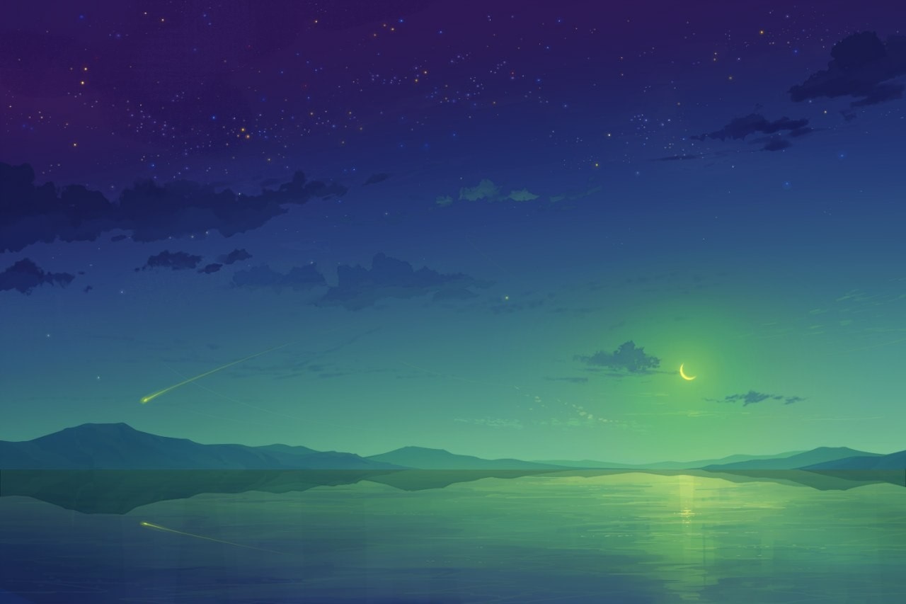 Night sky over a calm body of water with mountains HD Wallpaper