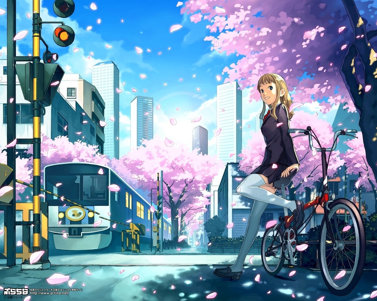 Anime girl with bicycle near train tracks during cherry blossom season HD Wallpaper