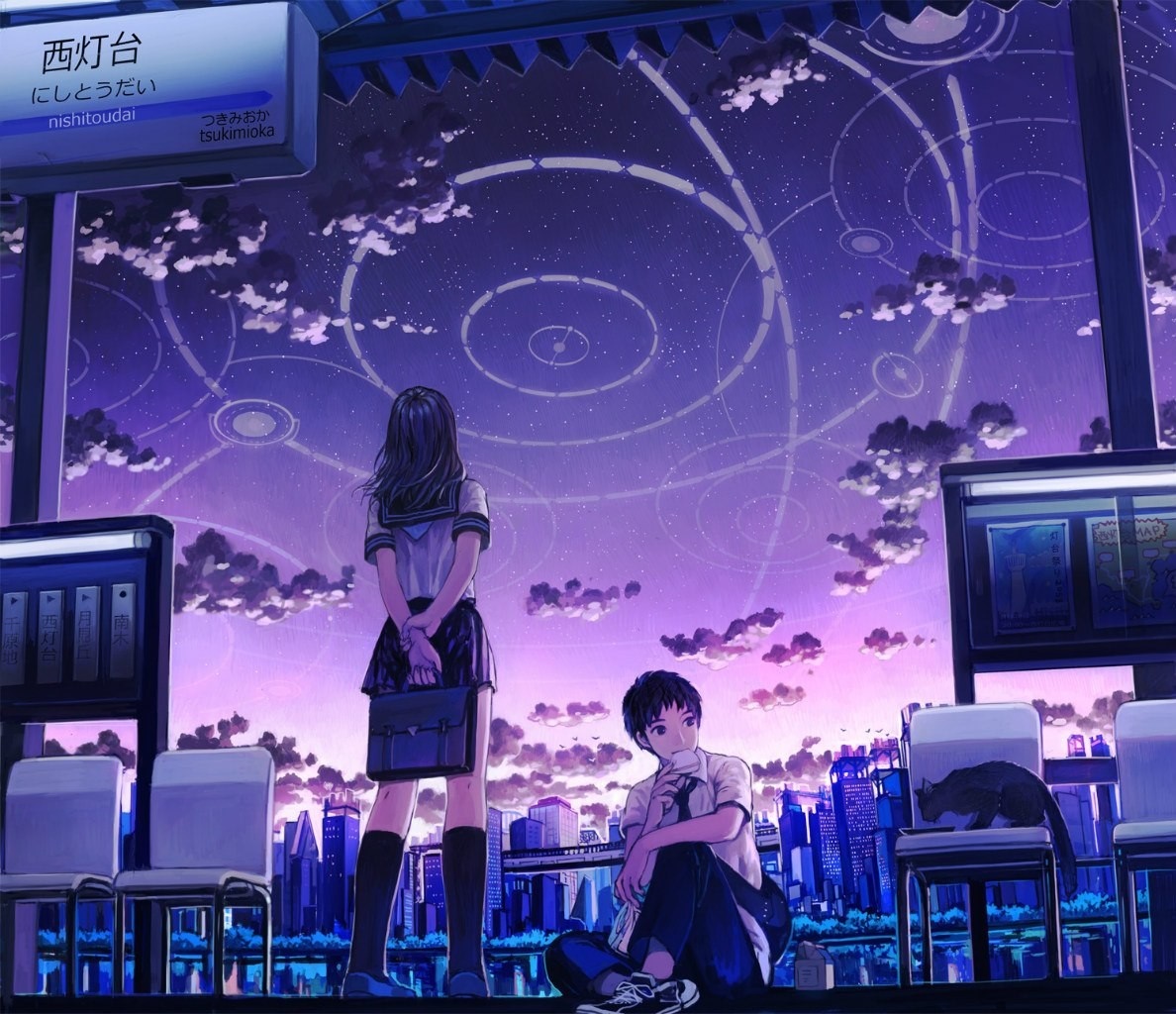 Two students at a train station at night HD Wallpaper
