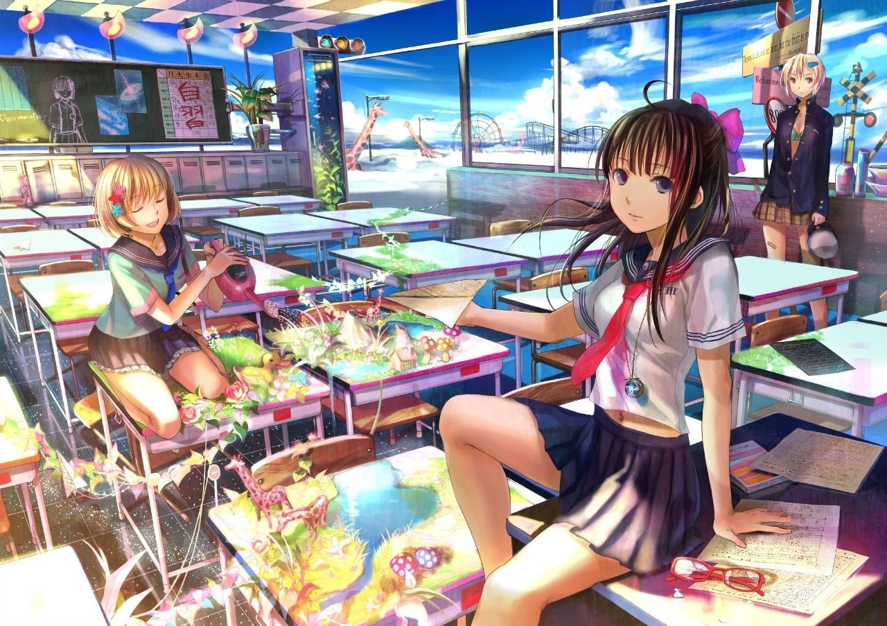 Anime girls in a classroom with a view of an amusement park HD Wallpaper