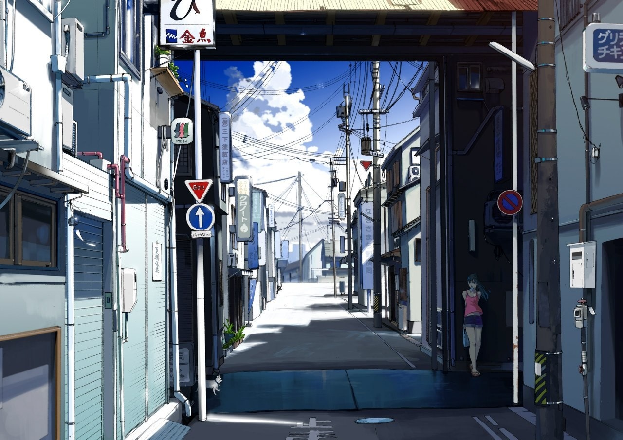 Anime street scene with a girl and power lines HD Wallpaper