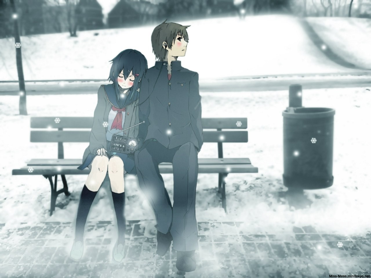 Anime couple sitting on a bench in the snow HD Wallpaper