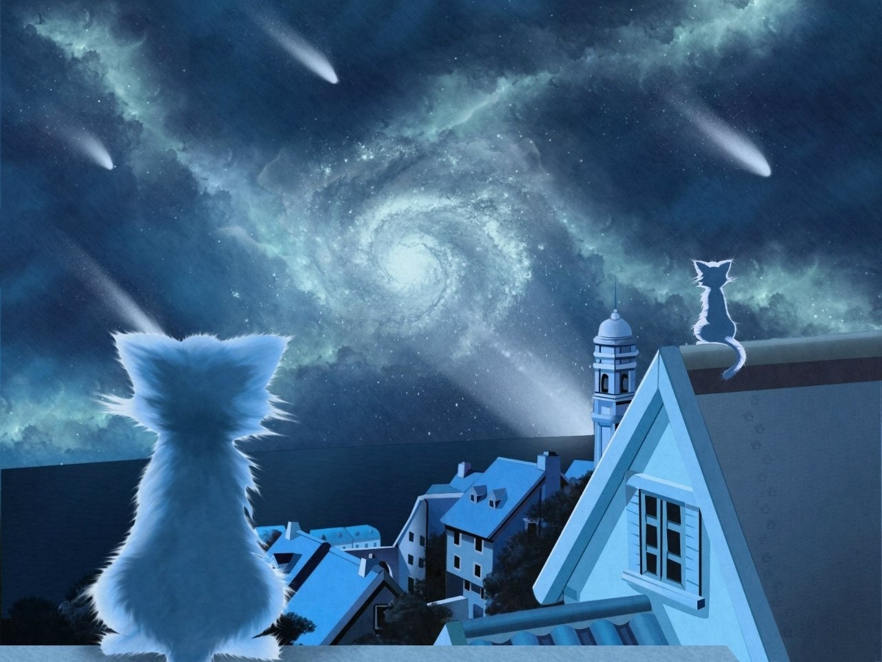 Two cats watch comets and a galaxy from rooftops HD Wallpaper