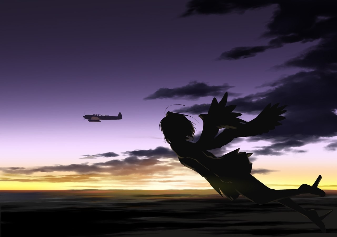 Silhouette of a girl with wings and a plane at sunset HD Wallpaper