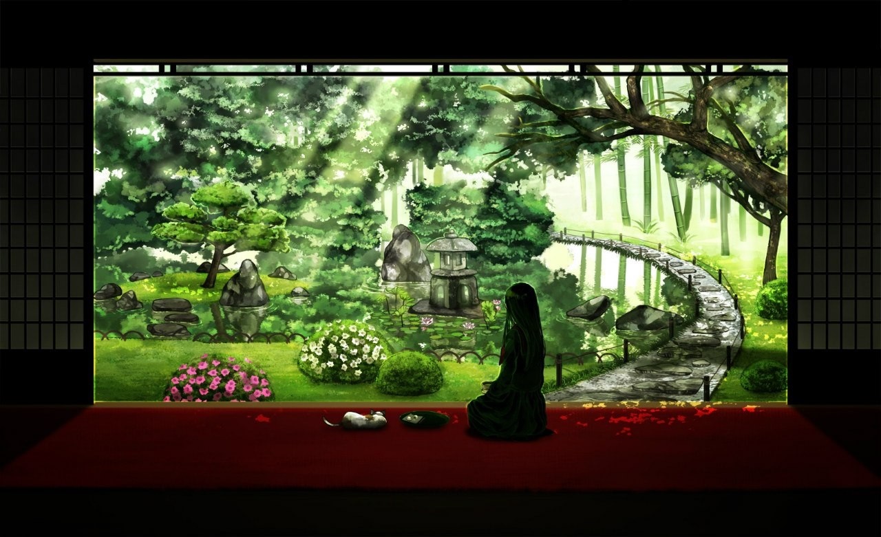 Anime garden with person meditating and cat HD Wallpaper