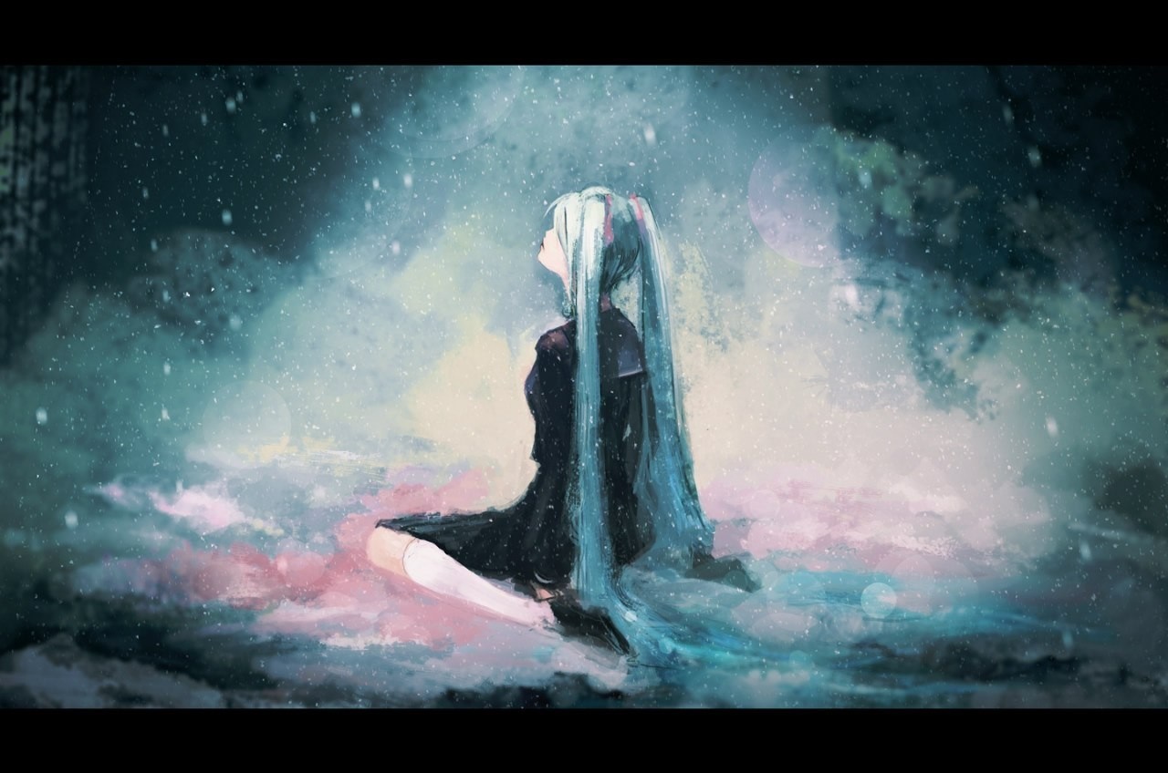 Hatsune Miku sitting in a snowy environment HD Wallpaper