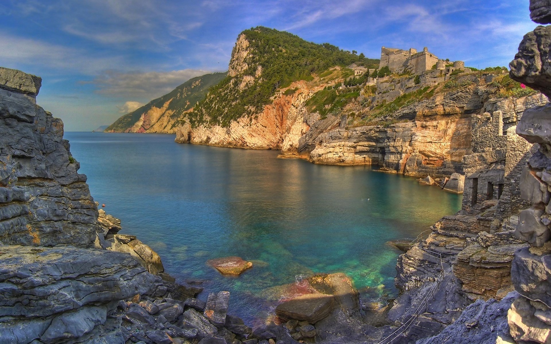 Rocky coastline with ancient ruins and a castle HD Wallpaper