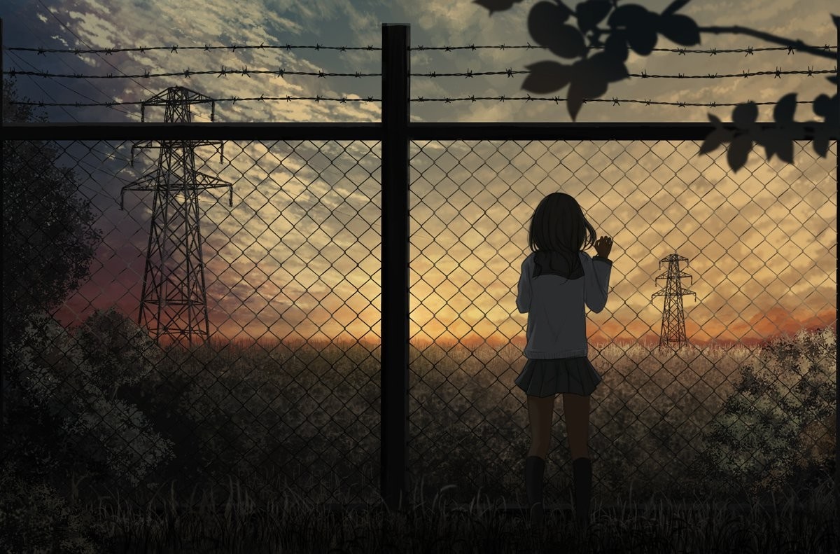 Girl looking at sunset through a fence with power lines HD Wallpaper