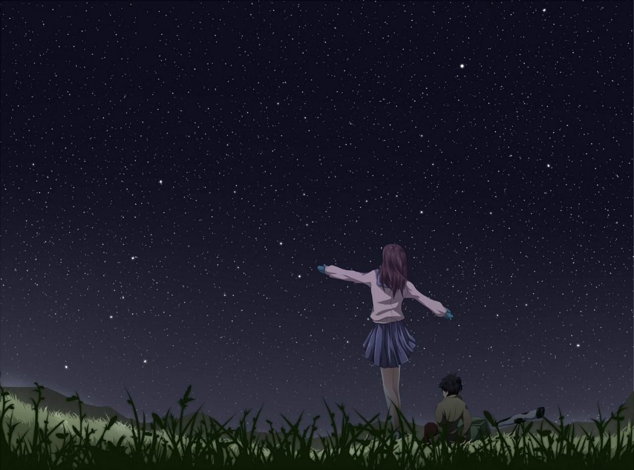 Two people stargazing at night HD Wallpaper