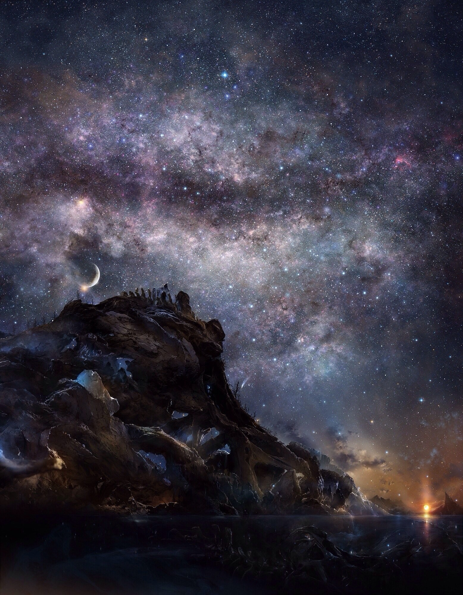 Figures on a rocky outcrop under the Milky Way HD Wallpaper