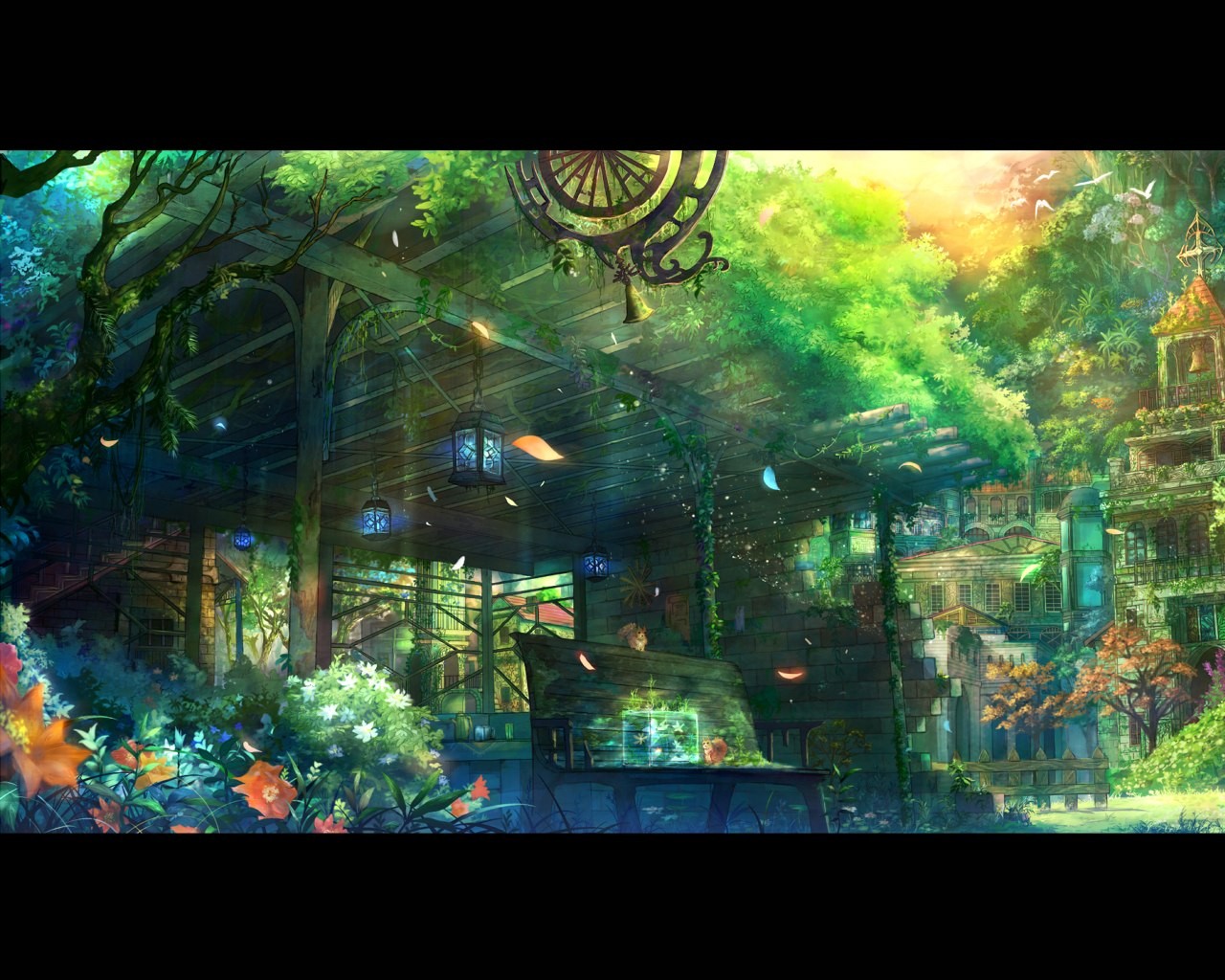 Fantasy jungle with overgrown buildings and lanterns HD Wallpaper
