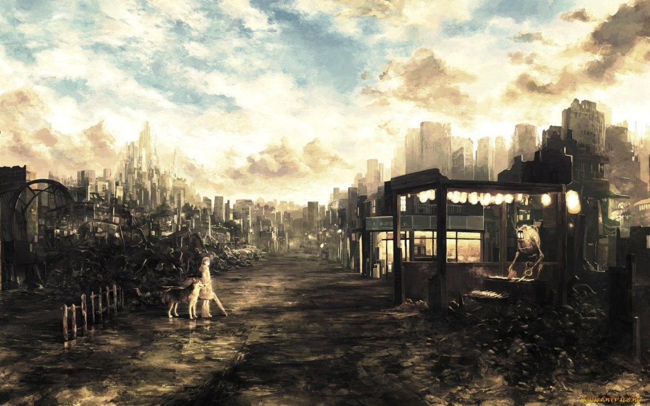 Post-apocalyptic cityscape with a girl and her dog HD Wallpaper