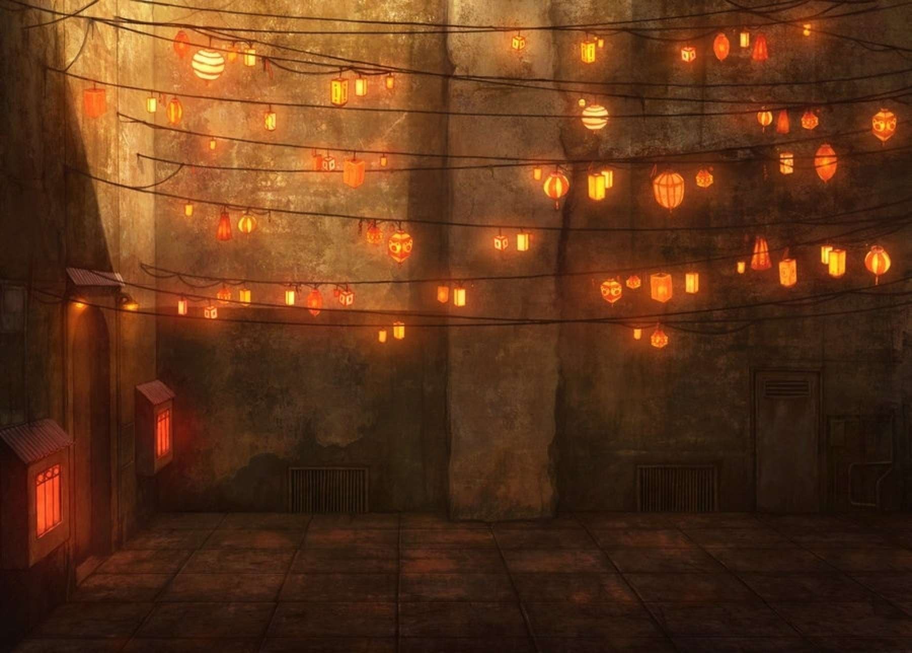 Night scene with hanging lanterns and stone walls HD Wallpaper