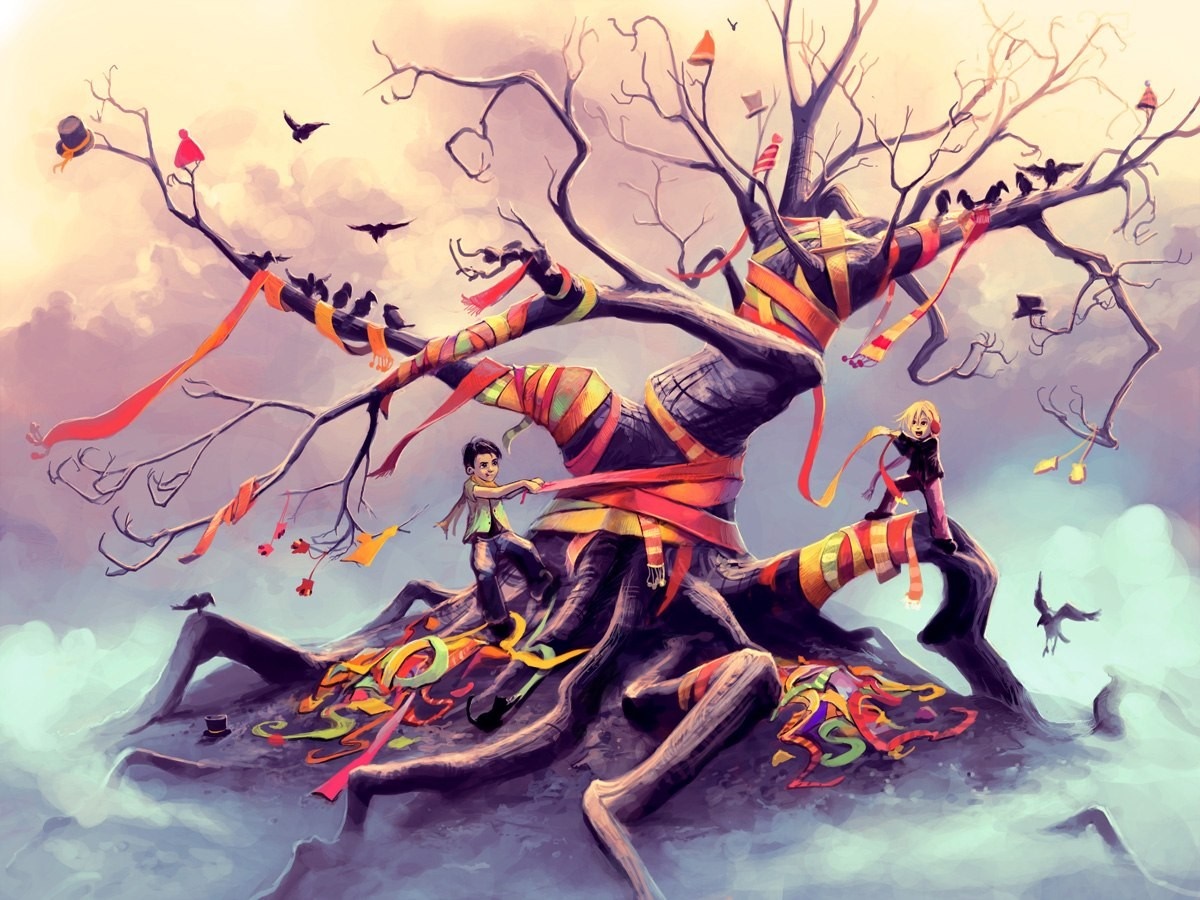 Children and birds on a ribbon-decorated tree HD Wallpaper