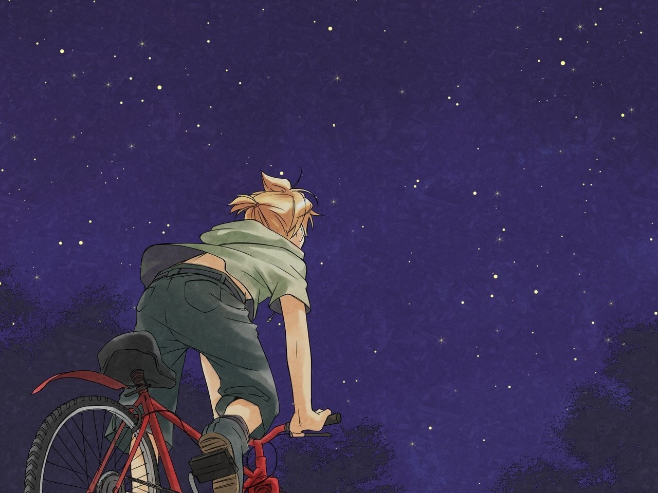 Boy on a bicycle looking at the starry night sky HD Wallpaper