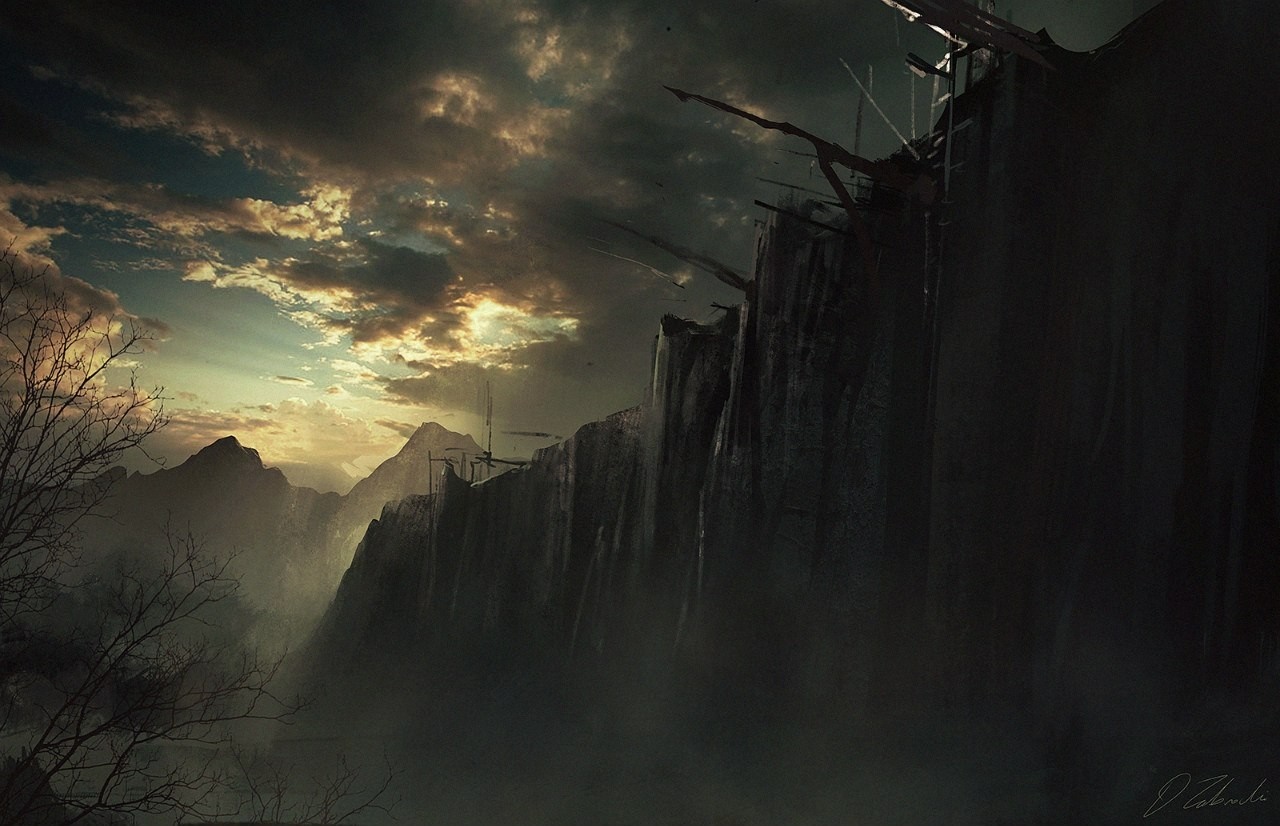 Dark mountains with sunlight breaking through clouds HD Wallpaper