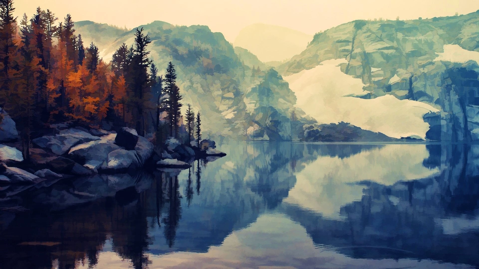 Lake reflection with autumn trees and snowy mountains HD Wallpaper