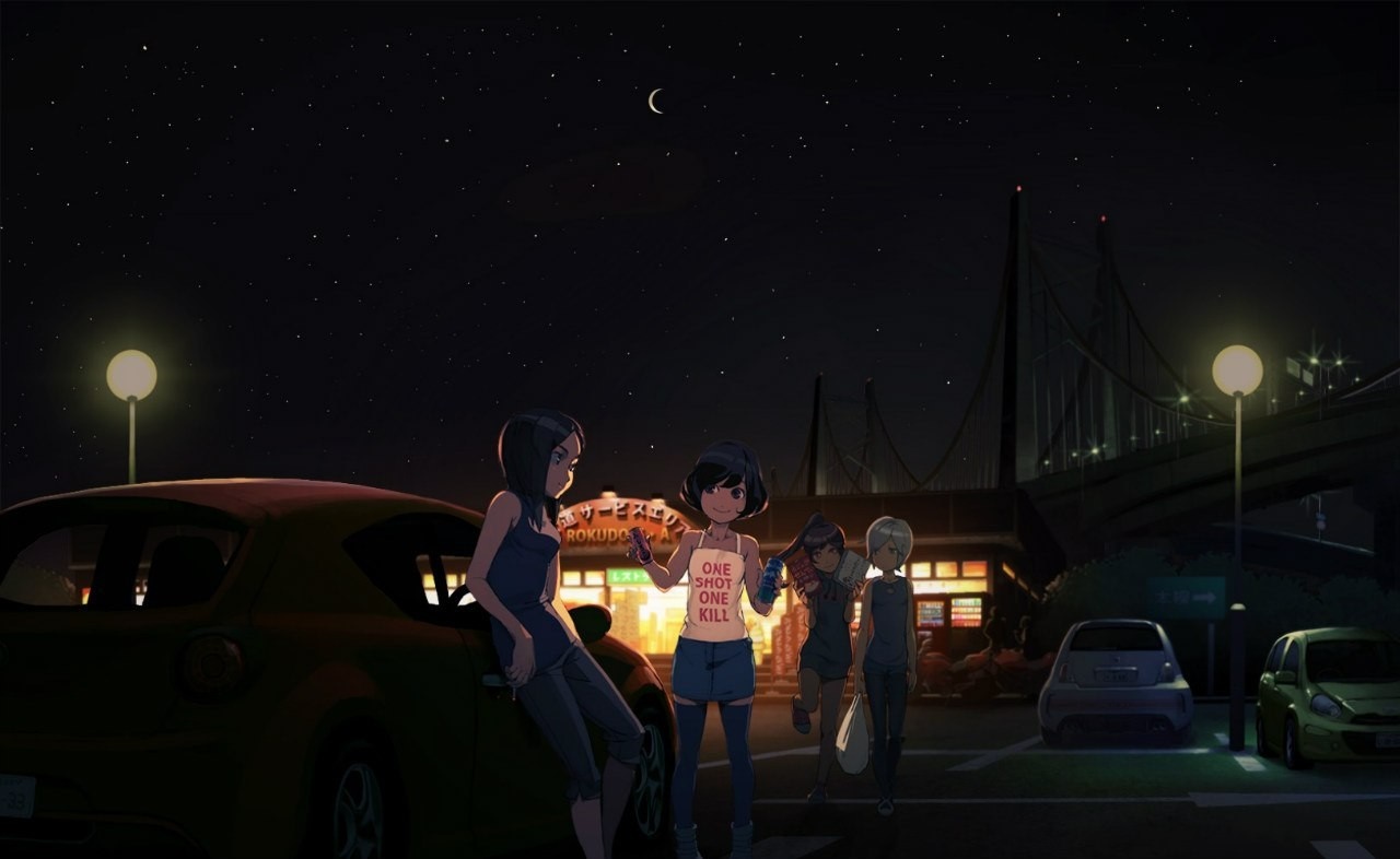 Four girls standing near cars at night with a bridge in the background HD Wallpaper