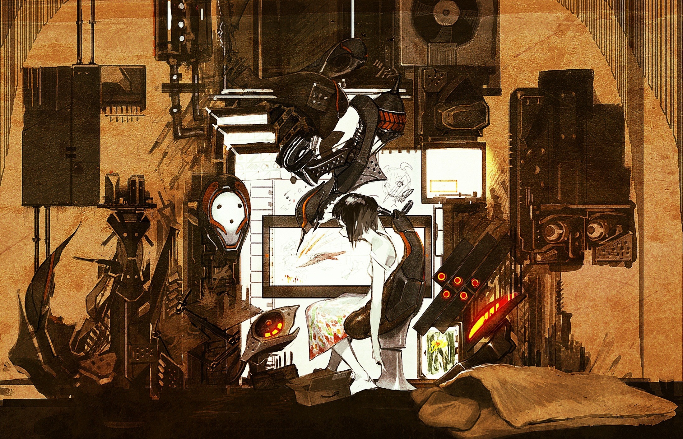 Science fiction painting with robots and a person HD Wallpaper