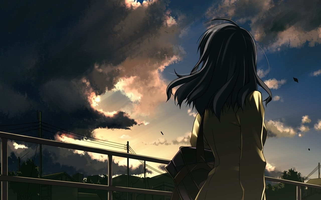 Girl looking at sunset clouds HD Wallpaper