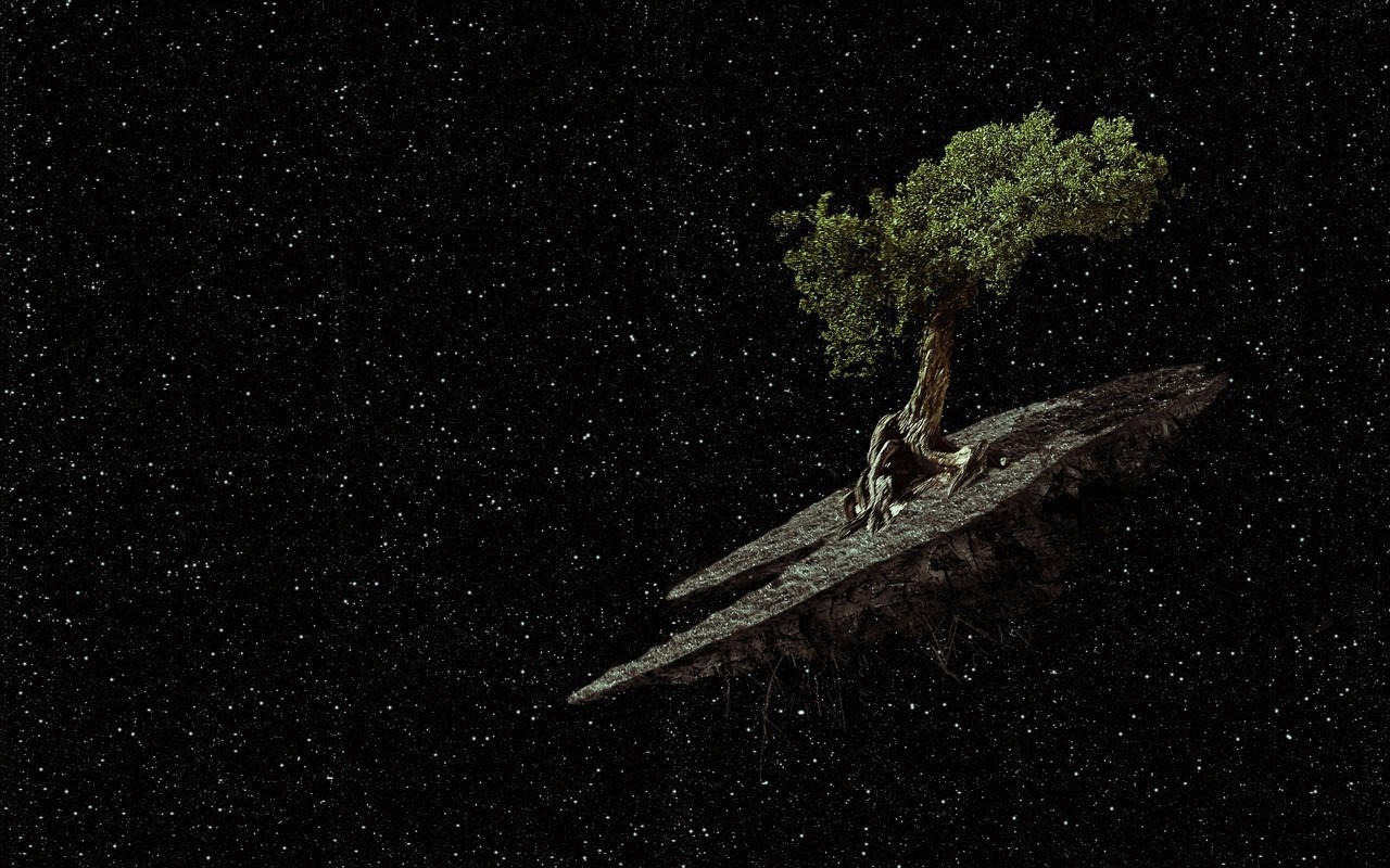 Tree on a floating island in outer space HD Wallpaper