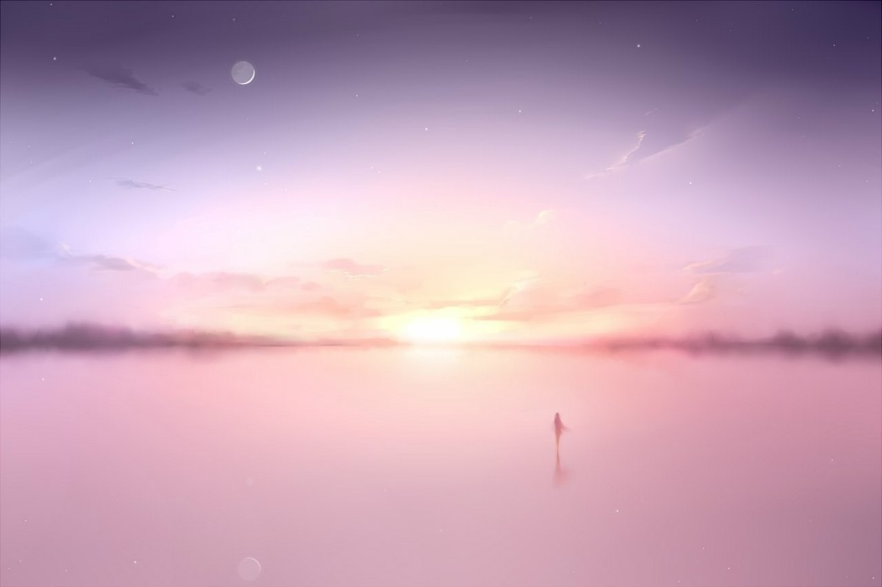Anime landscape with a person walking on water at sunset HD Wallpaper