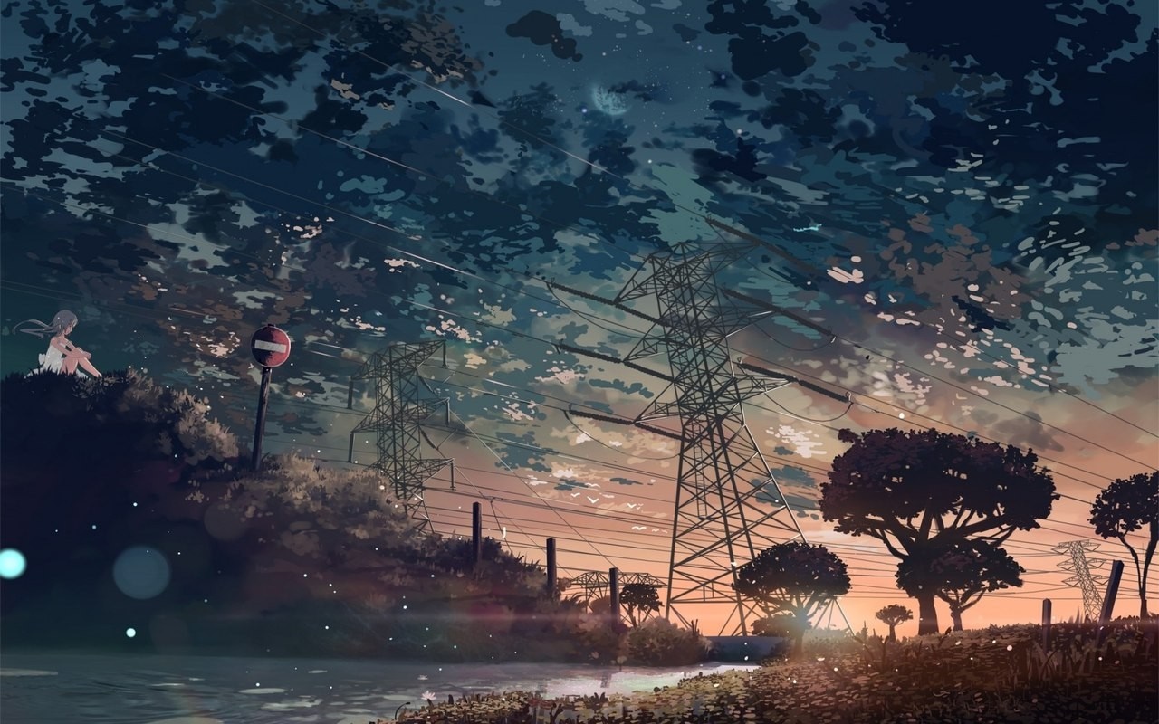Anime girl by power lines at sunset HD Wallpaper