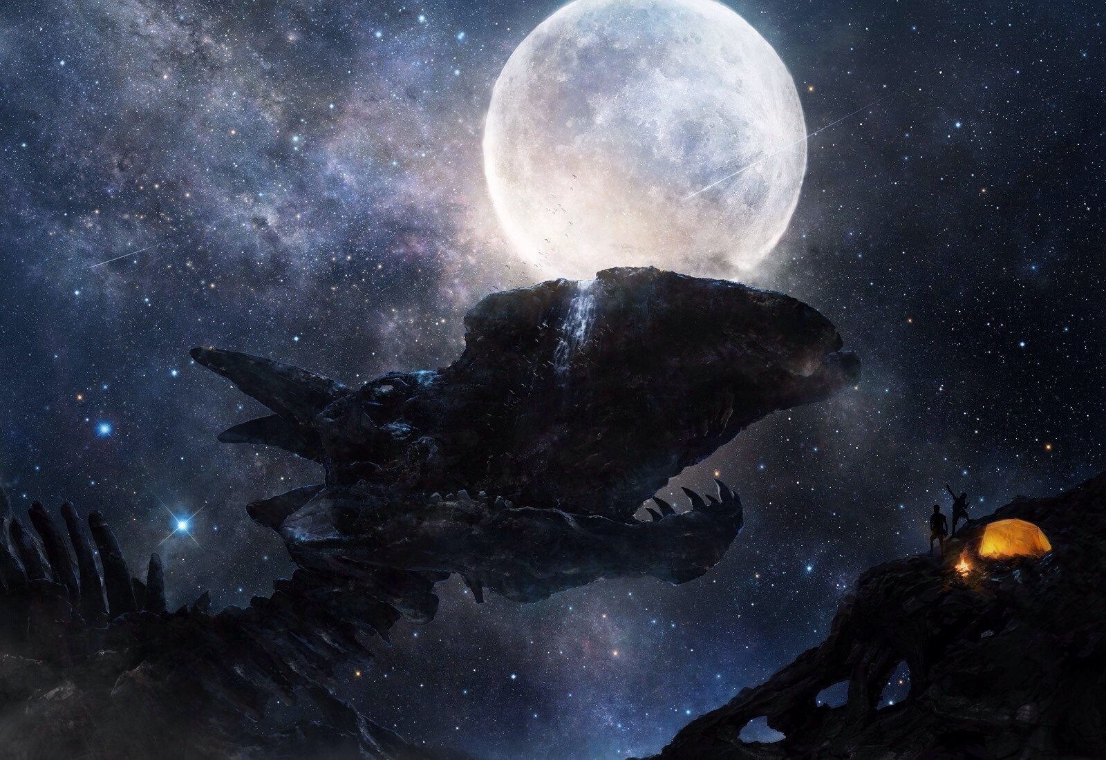 Fantasy art of a giant creature in space with a moon HD Wallpaper