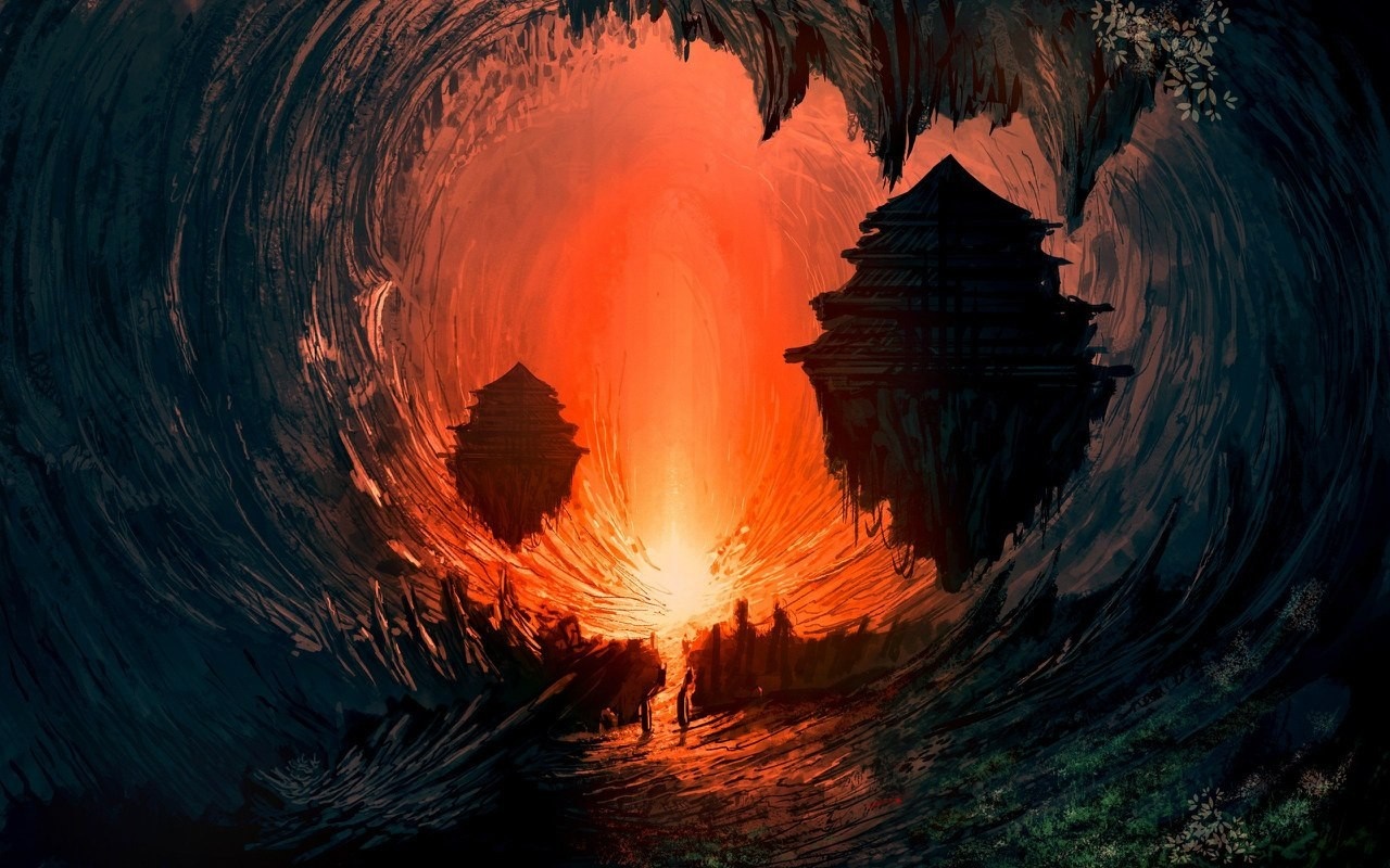 Fantasy cave with floating islands and sunset HD Wallpaper